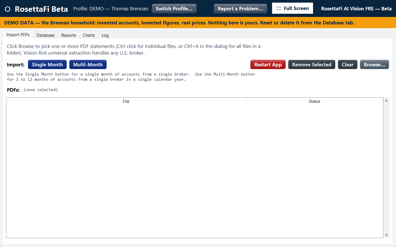 The Import tab on the sample household: choose the statements, single month or many at once