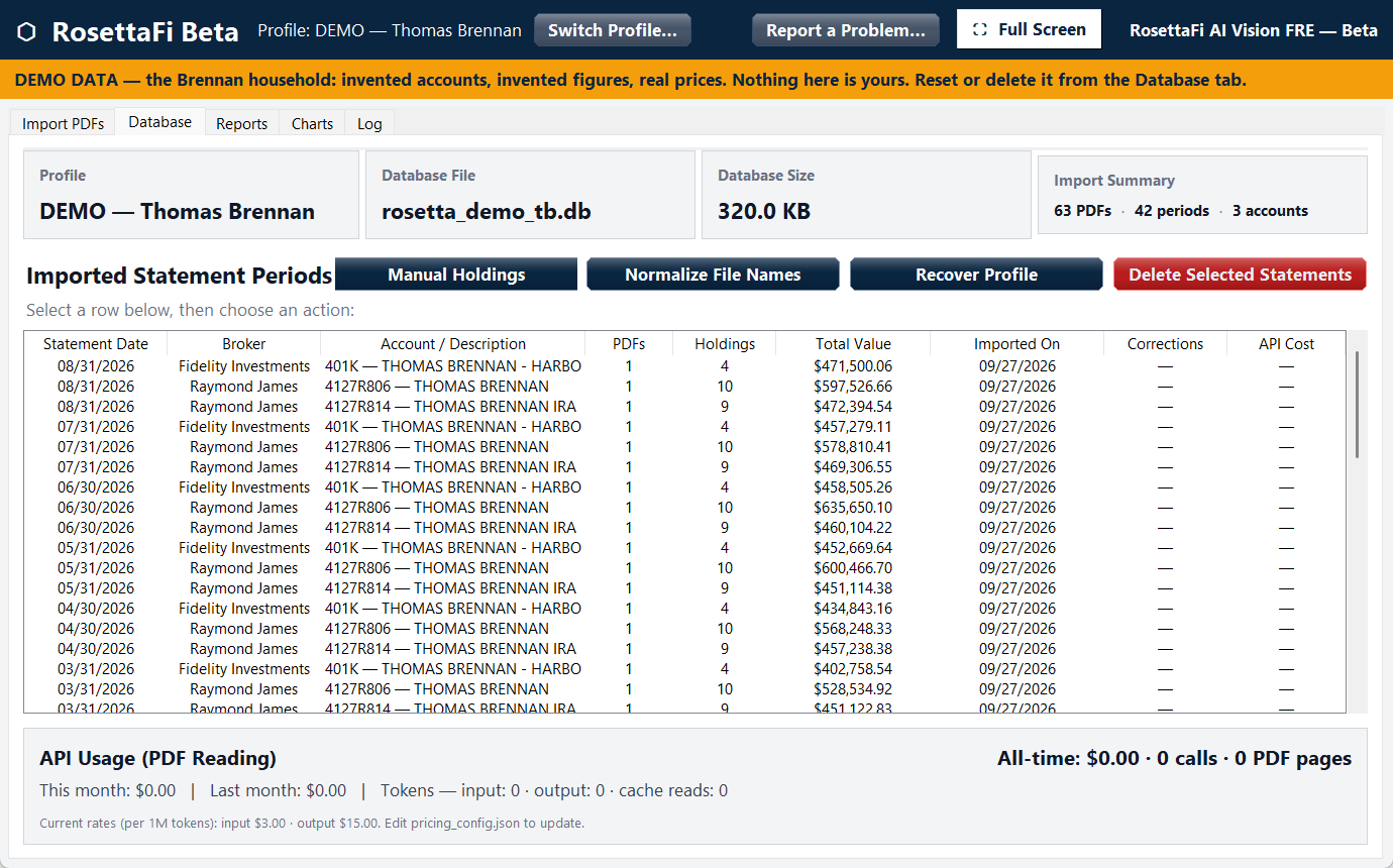 The Database tab: every statement period imported, with its totals
